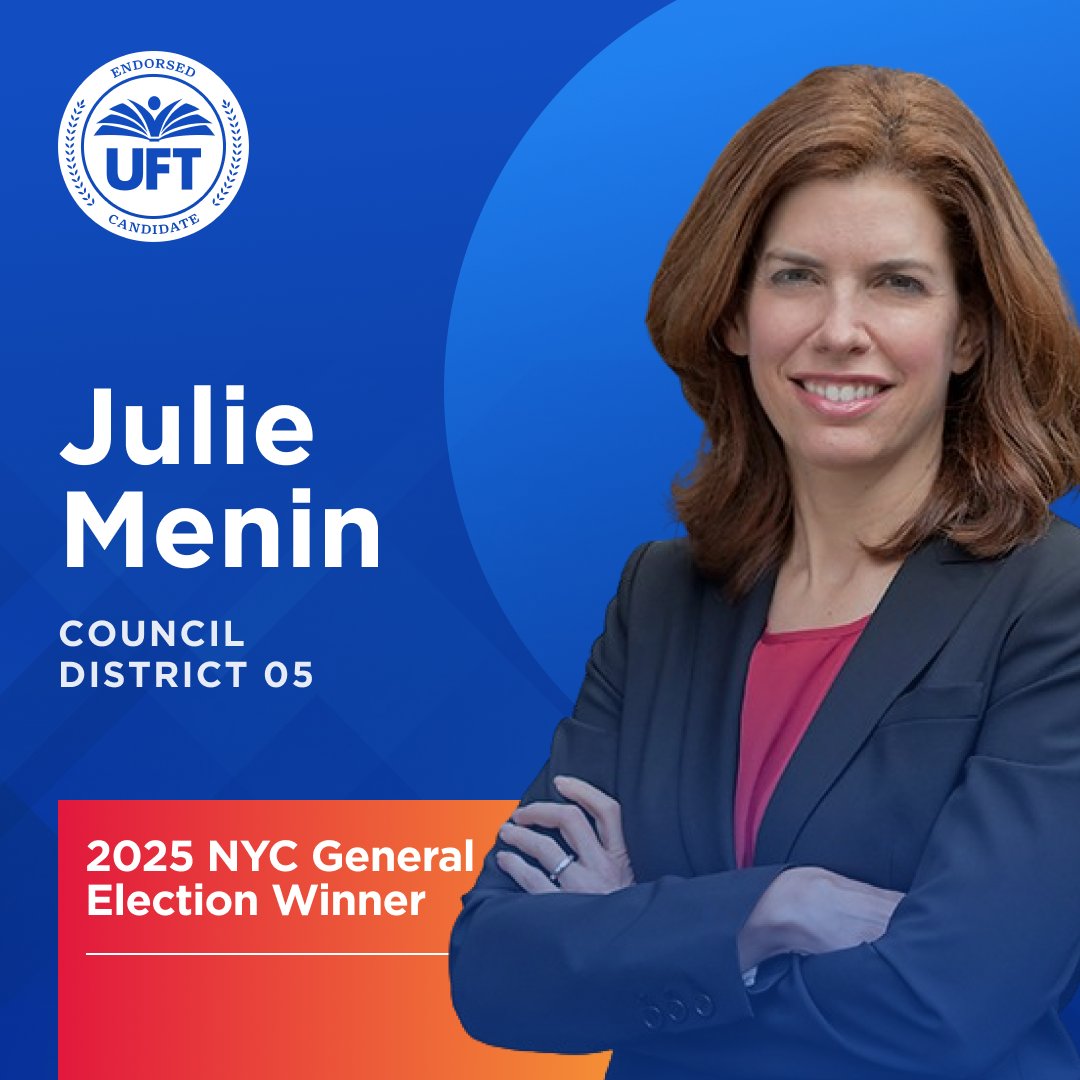 UFT_action's tweet image. #NEWS: Congratulations to @JulieMenin for winning the NYC Council General Election in CD-5!

#UFTVotes #UFTEndorsed #NYCLaborVotes