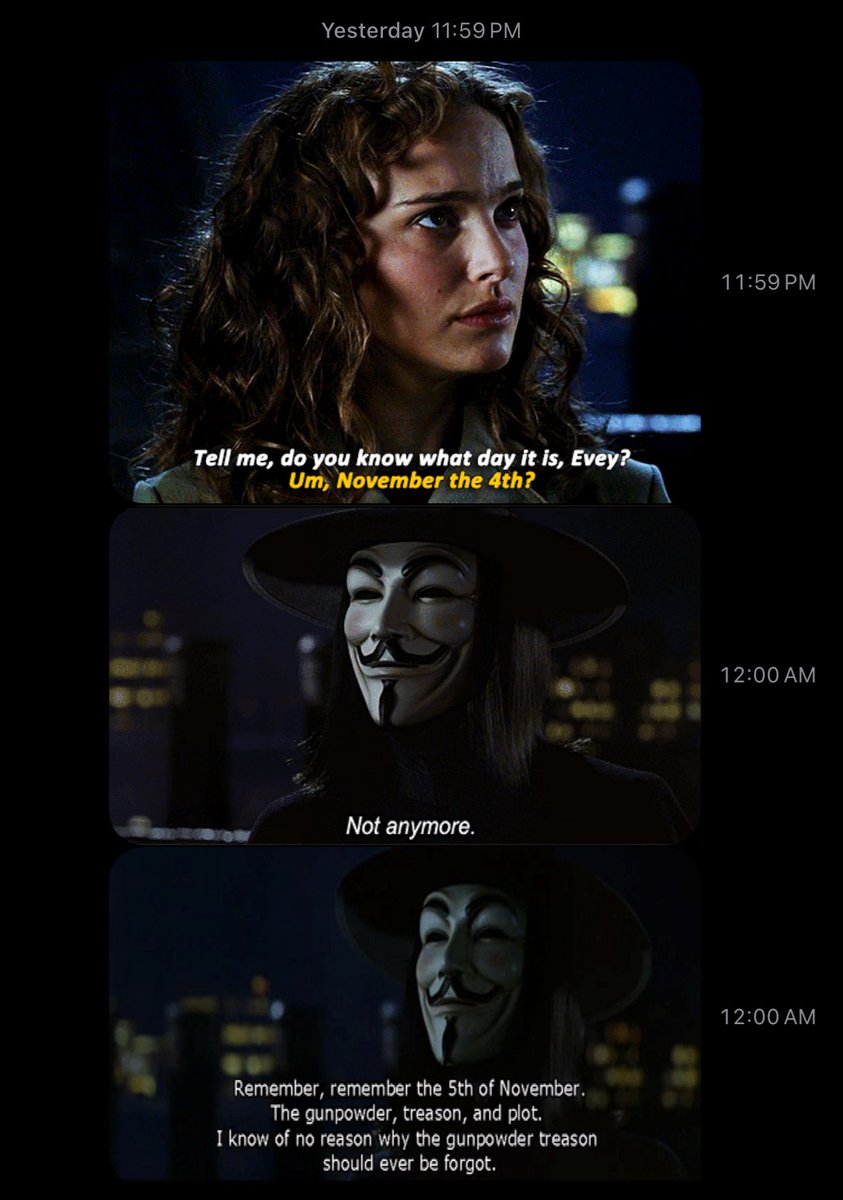 My family chat received the most relevant scheduled texts in the middle of the night.
#VforVendetta #RememberRemember #the5thofNovember