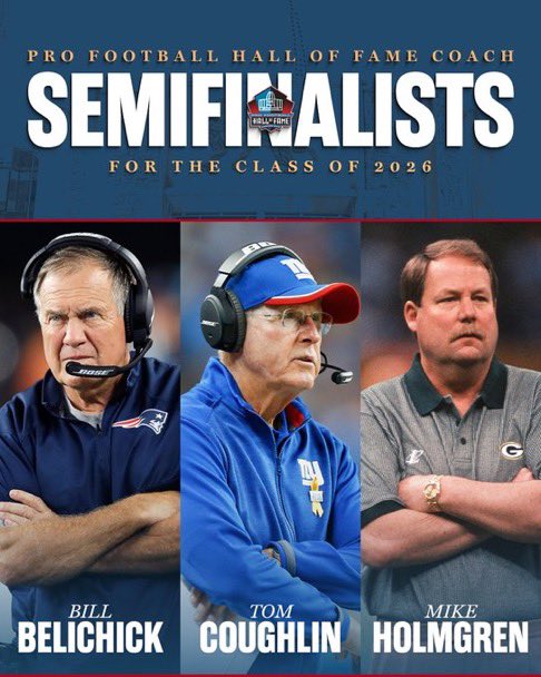 AdamSchefter's tweet photo. The nine Semifinalists in the Coach category for possible election as part of the Pro Football Hall of Fame’s Class of 2026 are: Bill Belichick, Tom Coughlin, Mike Holmgren, Chuck Knox, Buddy Parker, Dan Reeves, Marty Schottenheimer, George Seifert and Mike Shanahan. https://t.co/EXmvfSFJf8