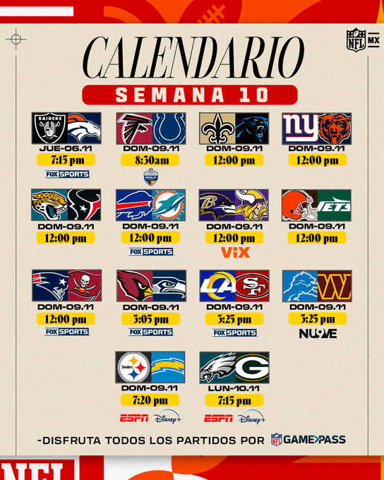 Así los partidos de la Semana 10 de la #NFL ¡Partido en #Alemania! Y duelos de alto poder. ¿Cuál será la sorpresa de la semana? #football #sports #deportes #americano  🏈