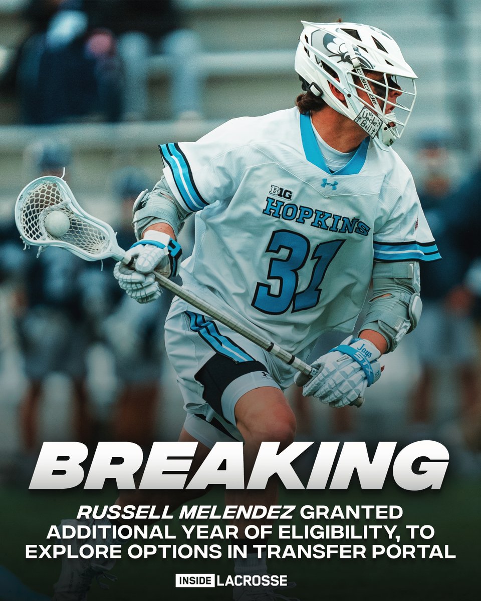 Inside_Lacrosse's tweet image. BREAKING: Russell Melendez has received an extra year of eligibility via an NCAA appeals process and will enter the transfer portal, sources tell @TerenceFoy. 

Full Story 👇 
insidelacrosse.com/article/hopkin…