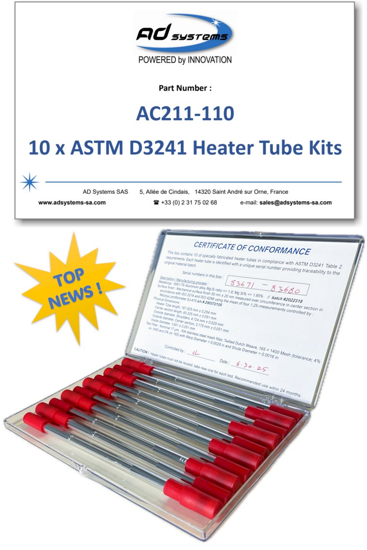 Great news for JFTOT labs! ✈️
AD Systems heater tube kits are now officially approved in the ASTM D3241 test method.
Validated through a large Inter-Lab Study and compatible with all existing JFTOT equipment.
A big step forward for fuel quality testing.
#ASTM #JFTOT #AviationFuel