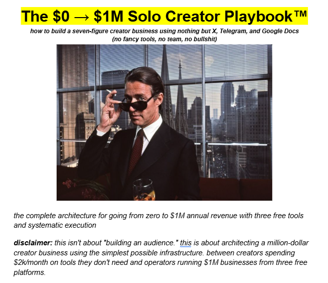 "you need to start dropshipping and spend $100000s on ads!!”

while everyone shouts this, i’ve built a method where you can go from $0 to $1,000,000 as a solo creator

using nothing but X, telegram and google docs

follow, rt and comment “SEND” and i’ll DM a step-by-step playbook