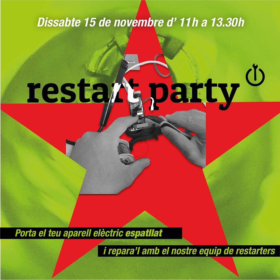 CdEinesiFeines's tweet photo. Ja tenim aquí la #restartparty del novembre!
El dissabte 15 porta el teu aparell espatllat i repara'l amb el nostre equip de @restartersbcn.
Inscripcions: https://t.co/gdkkIdC4q7.
El taller d'#autoreparació de bicicletes serà el dissabte 22!
Inscripcions: https://t.co/eBMpr2AvaL. https://t.co/ElfLkjUxGs