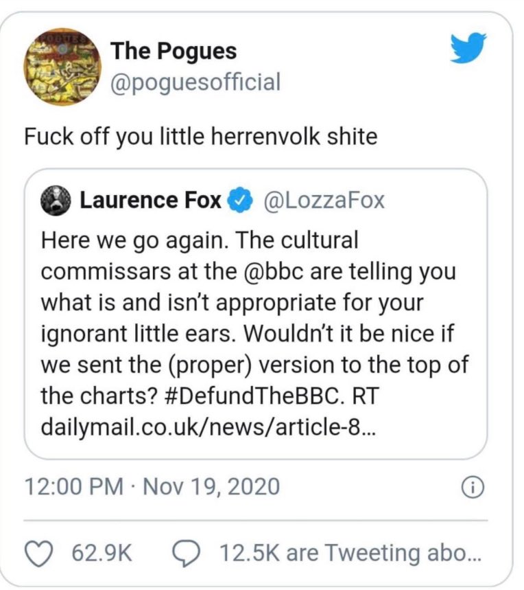 Hahaha, remember when <a href="/LozzaFox/">Laurence Fox</a> tried to buddy up to <a href="/poguesofficial/">The Pogues</a> and they called him a “little Herrenvolk shite”?