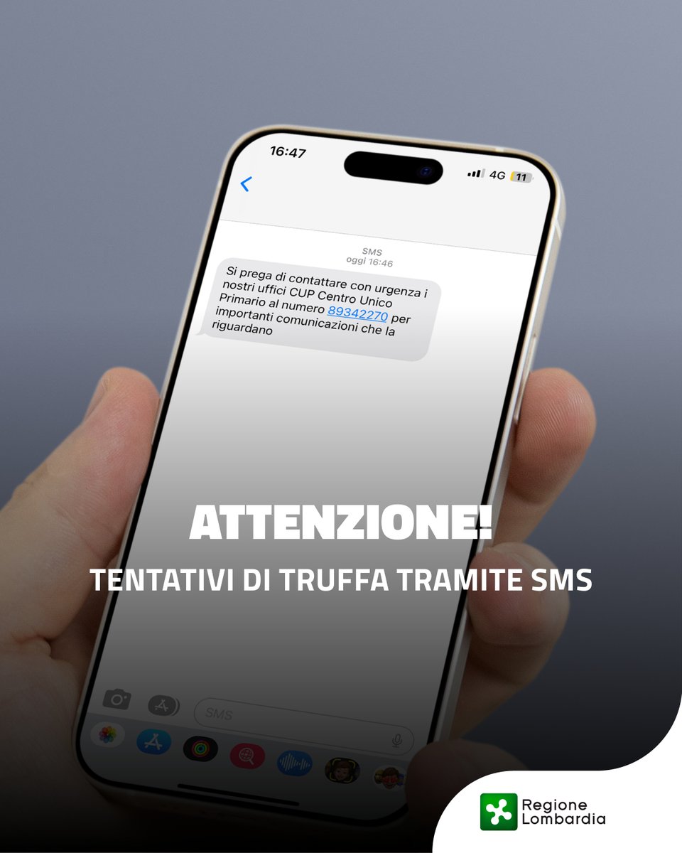 ❗Attenzione: falsi SMS dagli “uffici CUP” invitano a chiamare numeri a pagamento come 89342270. 
E' una truffa: non rispondere, non richiamare, non cliccare link e non fornire dati personali. Segnala alla Polizia Postale e consulta solo i canali ufficiali di Regione Lombardia.