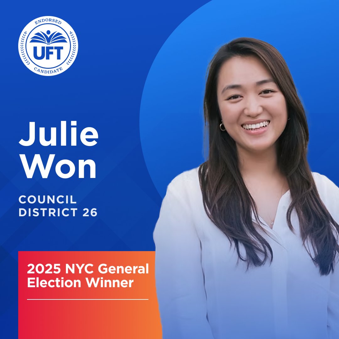 UFT_action's tweet image. #NEWS: Congratulations to @juliej_won for winning the NYC Council General Election in CD-26!

#UFTVotes #UFTEndorsed #NYCLaborVotes