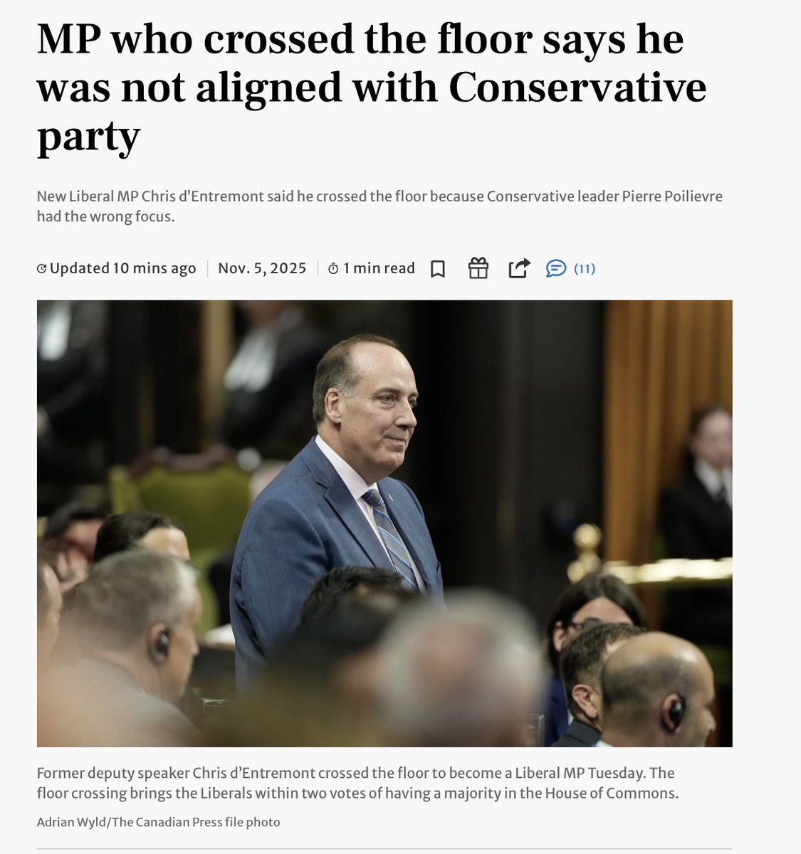 "MP Chris d’Entremont said Wednesday he crossed the floor from the opposition Conservatives because he wanted to build the country rather than knock it down".

There's nothing more to say. 

thestar.com/politics/feder…