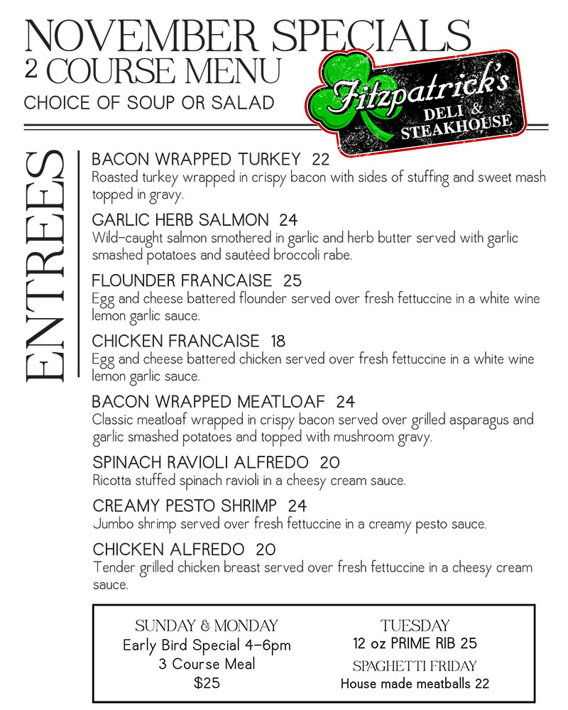 FitzDeli's tweet photo. Our  NEW November dinner specials are here! These specials are available EVERY NIGHT during our dinner service and are some of the best ways to get the taste of fall at the shore! Each entree is served with your choice of soup or salad! https://t.co/1NzZYikeil