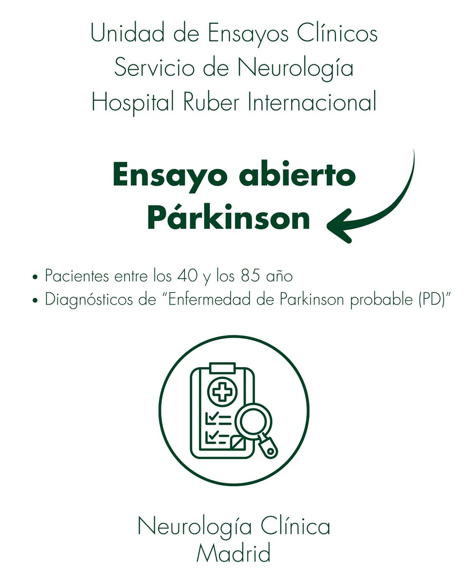 🧠 ¿𝗧𝗶𝗲𝗻𝗲𝘀 𝗽𝗮́𝗿𝗸𝗶𝗻𝘀𝗼𝗻?

✔️ Entre 40 y 85 años
✔️ Diagnóstico de Enfermedad de Parkinson probable (PD) en los últimos 2 años
📩  𝗺𝗮́𝘀 𝗶𝗻𝗳𝗼𝗿𝗺𝗮𝗰𝗶𝗼́𝗻, neurologiaclinica.es/ensayos-clinic…

#EnsayoClínico #Párkinson  #Neurología #HospitalRuberInternacional