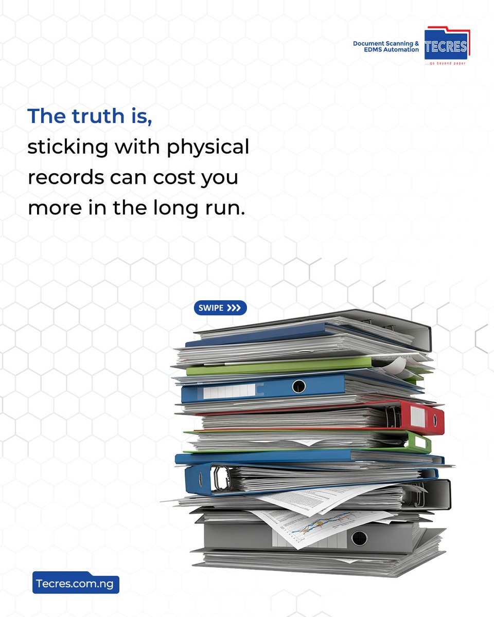 TecresTNL's tweet image. Keeping physical records is costing you MORE than you think. Storage rent, damaged documents, lost files, wasted staff hours searching through folders, it all adds up fast. 

#TecresTechnologies