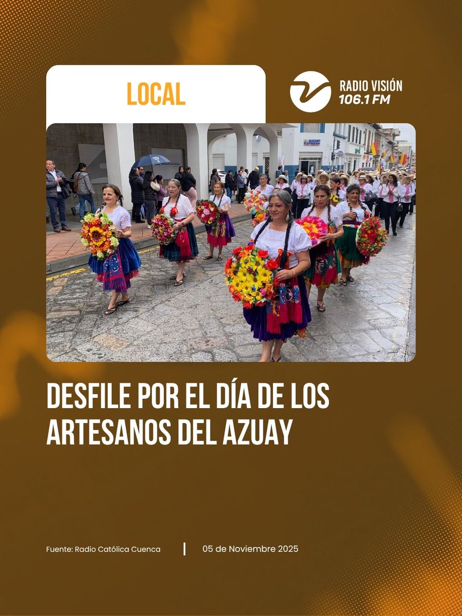 radialvision's tweet image. #NoticiaLocal | #Desfile

🎉 ¡El talento del Azuay se toma las calles! 🎨✨

Este 5 de noviembre el Centro Histórico disfruta del Desfile del Artesano, una celebración que pone en alto el trabajo, la creatividad y las tradiciones que nos identifican como cuencanos y azuayos. ❤️