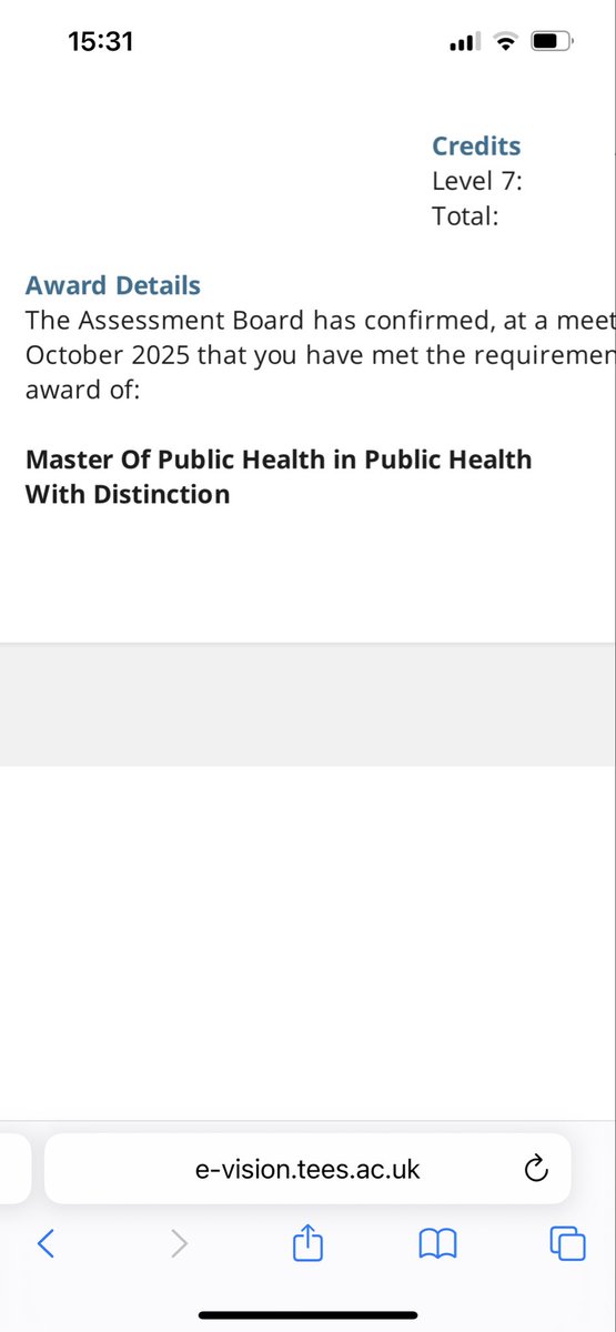 Quite pleased to pass my Masters in Public Health with Distinction whilst working full time and having a newborn #Education <a href="/TeessideUni/">Teesside University</a>