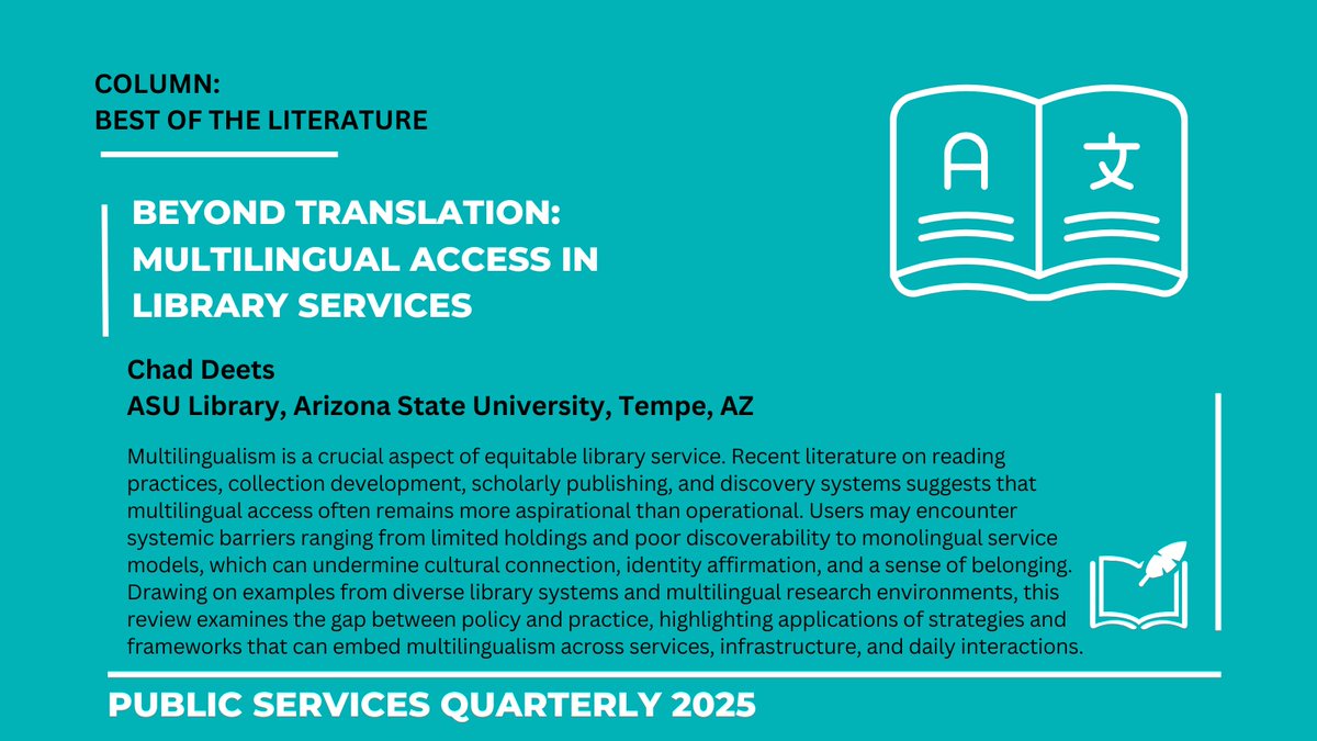 PublicServicesQ's tweet image. Our #BestOfTheLiterature column is on the importance of #Multilingualism in providing equitable #LibraryService. This review examines challenges, then provides strategies and frameworks for multilingualism across services, infrastructure, &amp;amp; interactions.
doi.org/10.1080/152289…