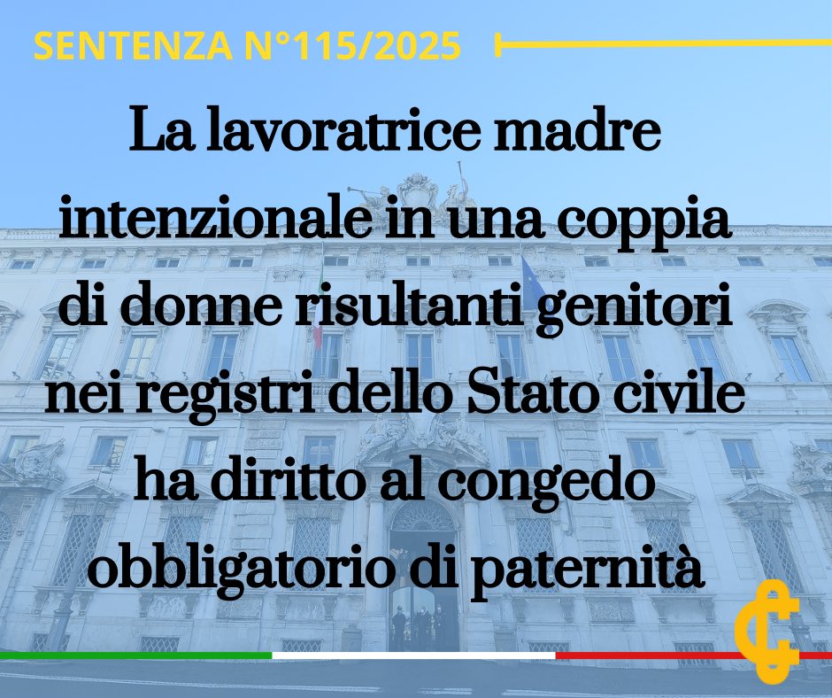 La lavoratrice madre intenzionale in una coppia di donne risultanti genitori nei registri dello Stato civile ha diritto al congedo obbligatorio di paternità.

youtu.be/FrMbRA2tq8Y?fe…

La #sentenza n°115 del 2025 in 3 minuti per la serie di #podcast della #Cortecostituzionale.