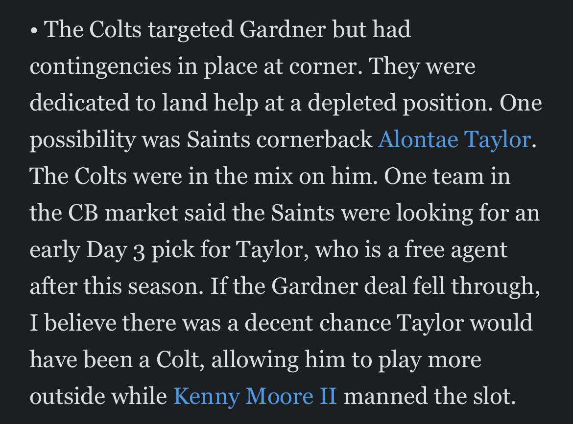 WhoDatContent's tweet image. Jeremy Fowler noted if the Colts were not able to trade for Sauce Gardner a trade including a 4th round pick would have been completed for Alontae Taylor 😳