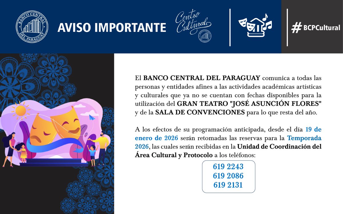 Recordamos que desde el 19 de enero se habilitarán las reservas para la Temporada 2026 del Gran Teatro “José Asunción Flores” y la Sala de Convenciones del BCP. Ya no cuentan con fechas disponibles para el 2025.