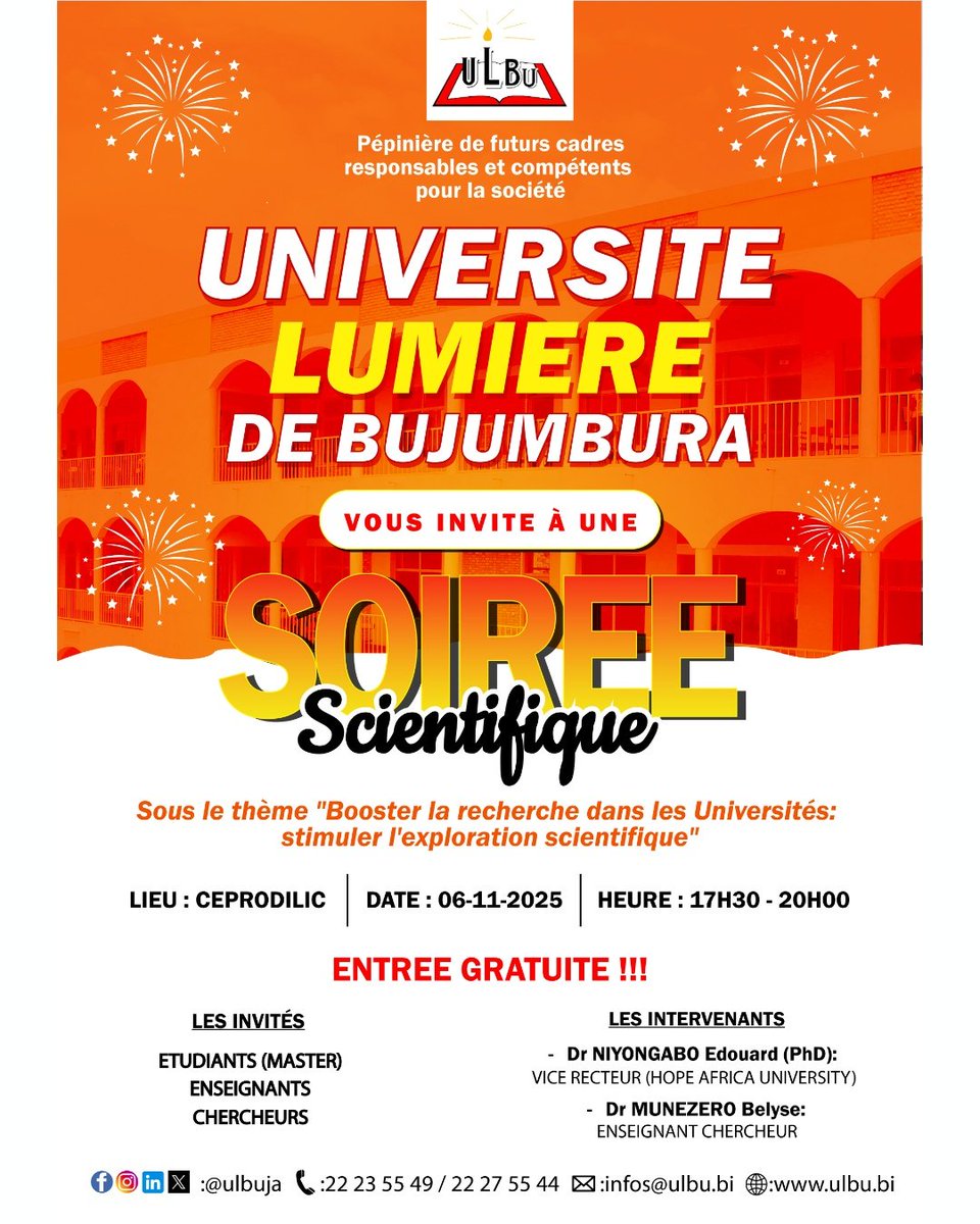 📌 Êtes-vous étudiant(e) en programme de master, Enseignant(e) ou Chercheur(se), vous êtes cordialement invité à une exceptionnelle "soirée scientifique"!

#ULBU25 #ulbufutureleaders #ulbucommunity #recherchescientique #science