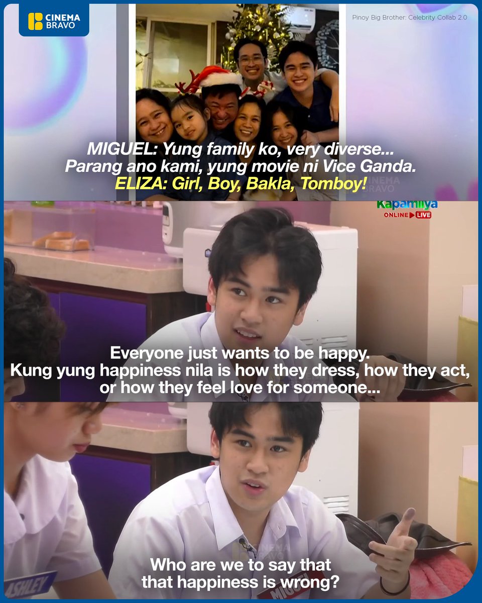 cinemabravoph's tweet photo. MABUHAY ANG LGBTQIA+ 🏳️‍🌈

Miguel: "Yung family ko, very diverse... Parang ano kami, yung movie ni Vice Ganda."

Eliza: "Girl, Boy, Bakla, Tomboy!"

Miguel: "Everyone just wants to be happy. Kung yung happiness nila is how they dress, how they act, or how they feel love for someone, who are we to say that
that happiness is wrong?"

#PBBCollab2point0 #PBBCollab