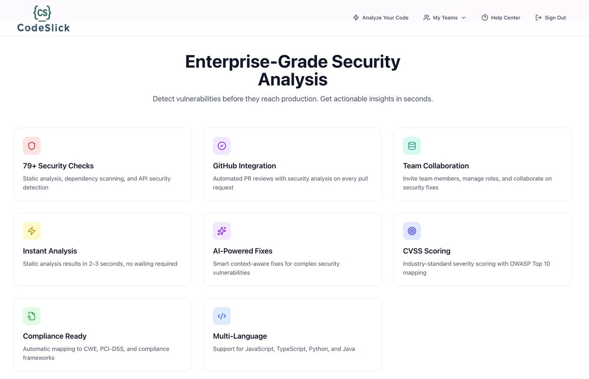 CodeSlick.dev automates #GitHub  PR security reviews using AI — instant vulnerability detection + smart auto-fix suggestions
Fully integrated. Zero friction.
Stay tuned for our upcoming Beta Launch!
#DevSecOps #AppSec #CyberSecurity