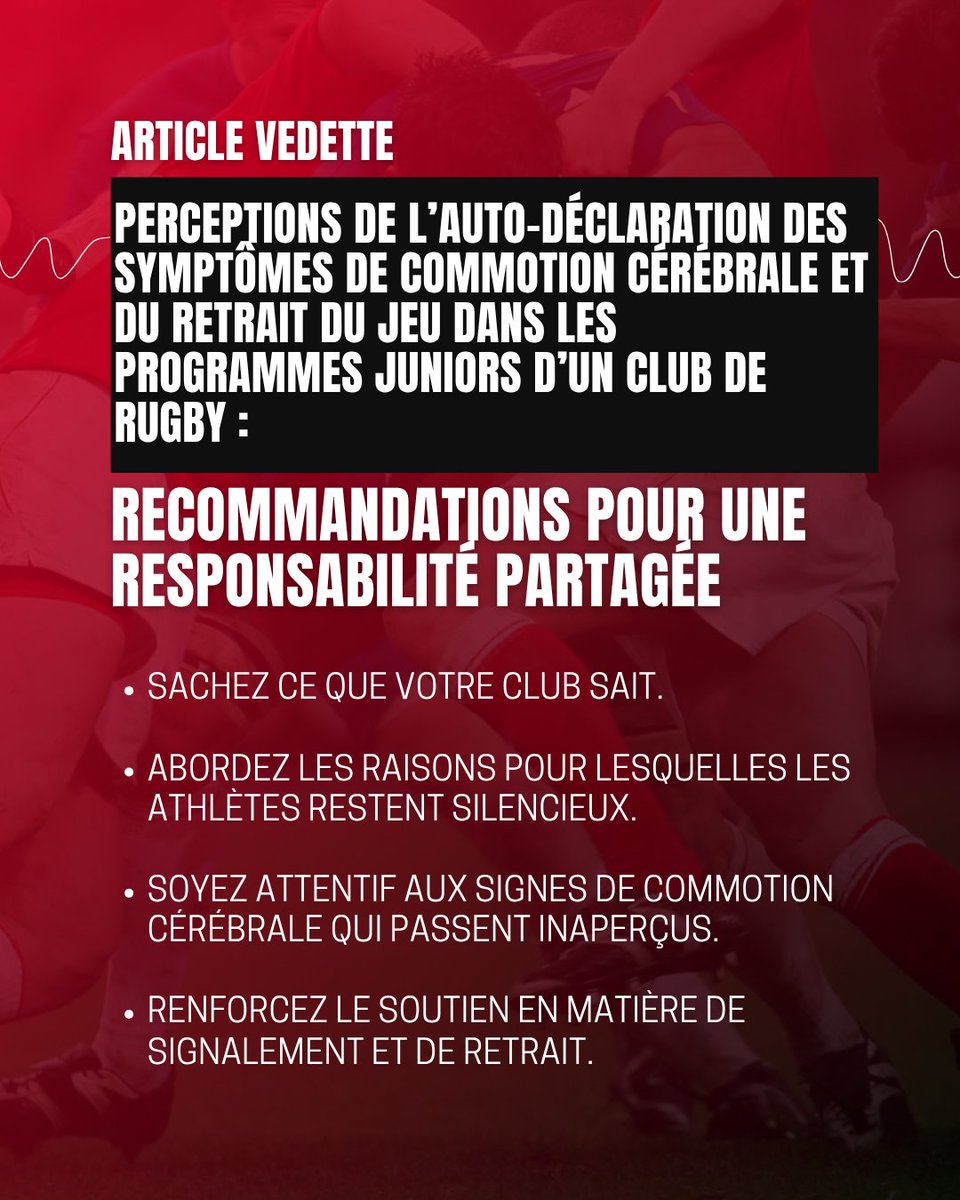 🏉 Qu'est-ce qui influence la décision des jeunes athlètes de signaler leurs symptômes de commotion cérébrale ? Cette article du SIRC partage les conclusions d'un club de rugby et les leçons à tirer pour rendre le sport plus sûr. En savoir plus ➡️ bit.ly/4qDuhW1