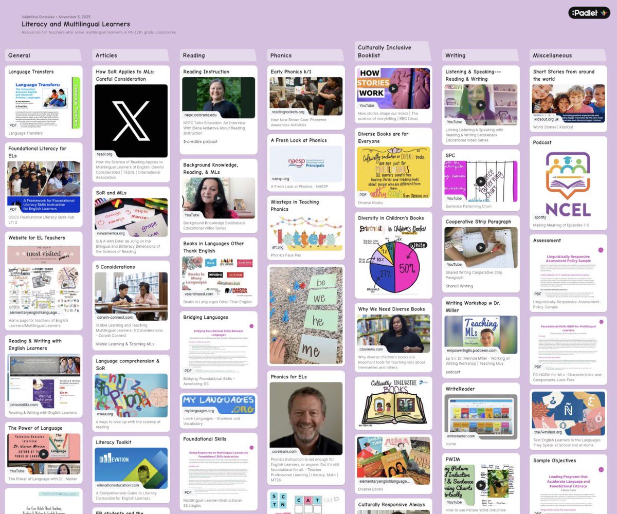Enjoy a link to this Padlet that continues to evolve. You will find a treasure trove of resources to support educators serving multilingual learners as readers, writers, listeners, and speakers. 

padlet.com/valentina_gonz…
