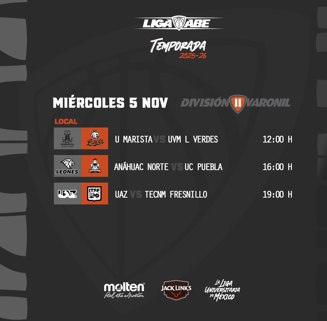 🗓️ #AgendaABE DII Varonil.

Resultados y Estadísticas en abemexico.org
#LigaABE | #MoltenMéxico | #JackLinksLatam