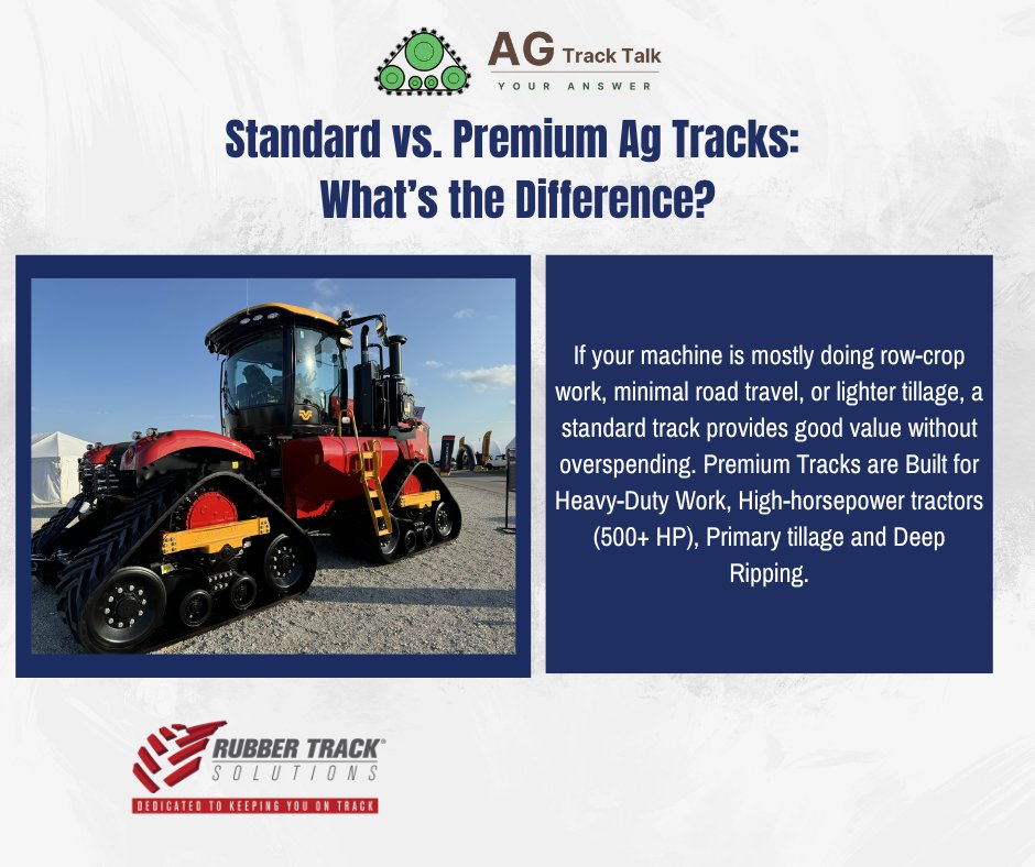 𝑺𝒕𝒂𝒏𝒅𝒂𝒓𝒅 𝒗𝒔 𝑷𝒓𝒆𝒎𝒊𝒖𝒎 𝑨𝒈 𝑻𝒓𝒂𝒄𝒌𝒔

Jerry from Rubber Track Solutions says, "If your machine is mostly doing row-crop work, minimal road travel, or lighter tillage, a standard track provides good value without overspending. Premium Tracks are Built for