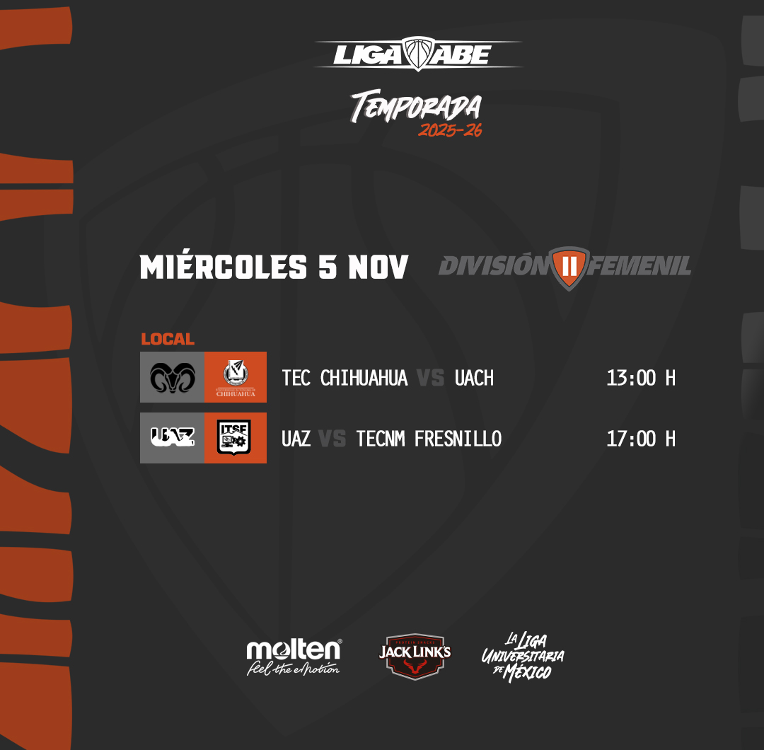 🗓️ #AgendaABE DII Femenil.

Resultados y Estadísticas en abemexico.org
#LigaABE | #MoltenMéxico | #JackLinksLatam