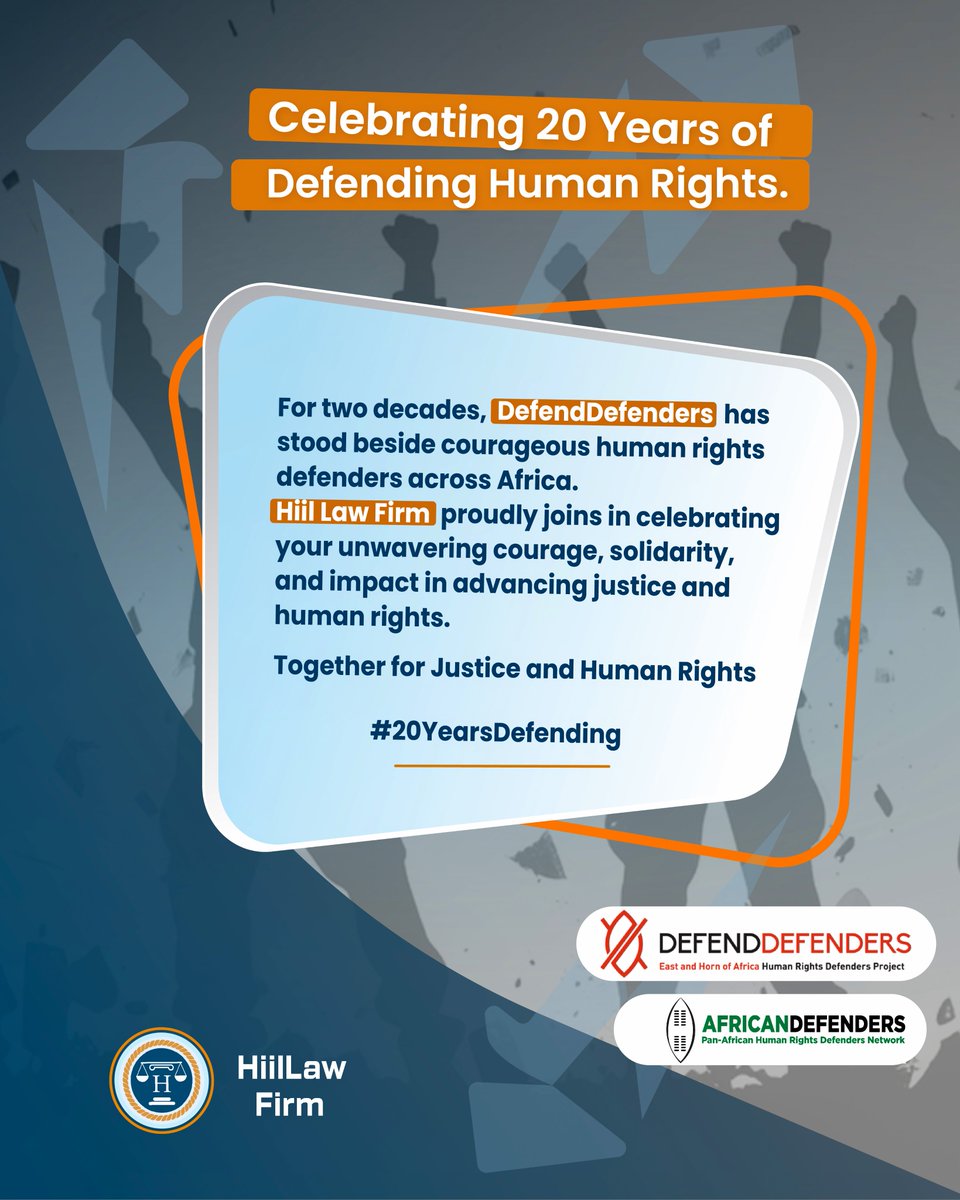 hiillawfirm's tweet photo. Celebrating 20 Years of @DefendDefenders!
For two decades, DefendDefenders has stood beside courageous human rights defenders across Africa, building protection and hope.
We are proud to celebrate this milestone & the impact of their commitment to justice. #20YearsDefending https://t.co/v8J3zRB7E0