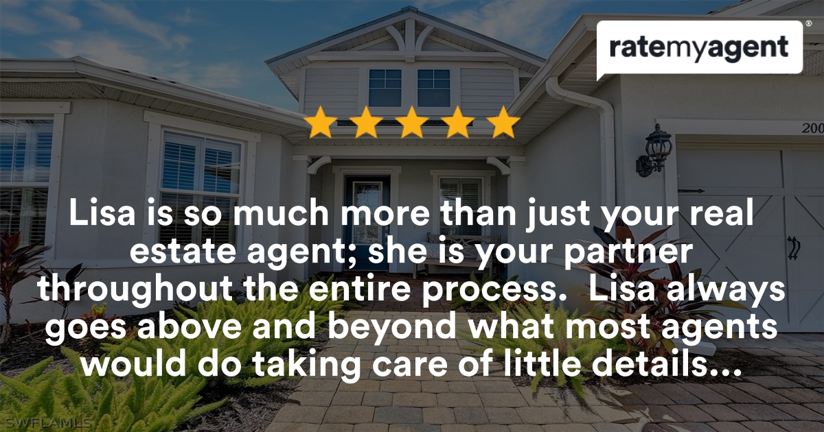 LisaSellsSWFL's tweet photo. My latest RateMyAgent review in Estero.

https://t.co/C2FirzqZuG

...
#ratemyagent #realestate #BHHS_Florida_Realty https://t.co/FhfNazNewP