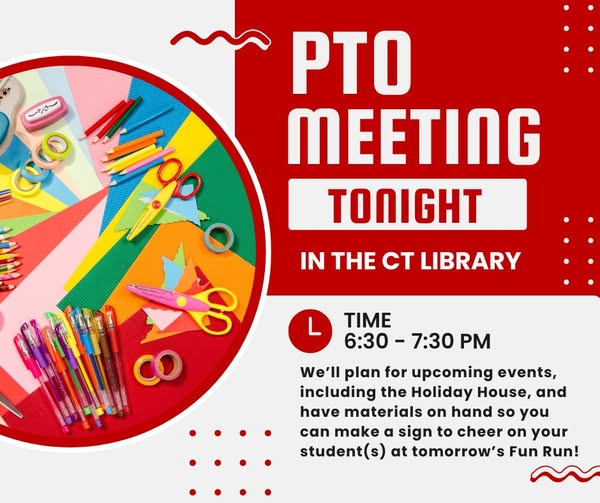 🎉 PTO Meeting &amp; Fun Run Invite 🏃‍♂️🏃‍♀️
Join us tonight from 6:30-7:30pm at our PTO meeting for sign making. The more signs, the merrier! Then, come back tomorrow with your sign to cheer on your children at the Fun Run. Limited back parking. No office sign-in needed. 
#wilsonsd