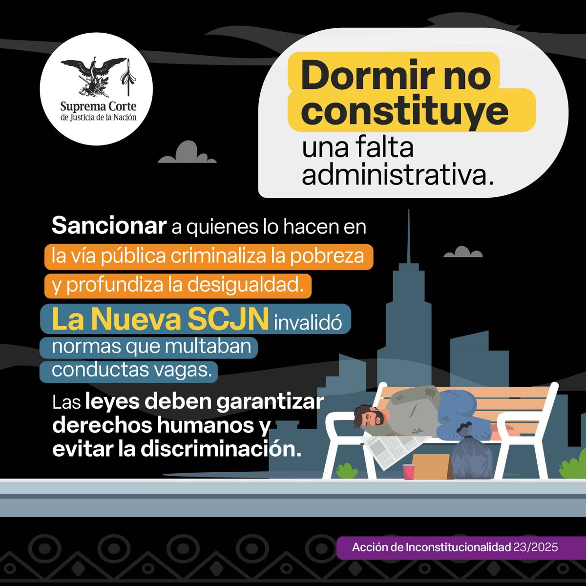 La #NuevaSCJN resolvió que multar por dormir en la calle en municipios de Morelos es discriminatorio y viola derechos humanos de personas en situación de calle.   

ℹ️ Consulta la información completa aquí: bit.ly/43VFcQX