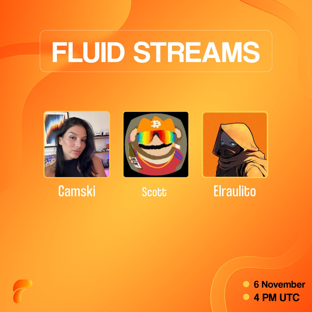 Your favourite show of the week is back tomorrow:

FluidStream w/ @camskiiii  and @ElRaulito_cnft !

We’ll be joined by a BTC legend: <a href="/benny_options/">Scott 🟠</a>, co-founder of <a href="/radfi_btc/">radFi</a> to talk about everything BtcFi!

Come hang 🤗