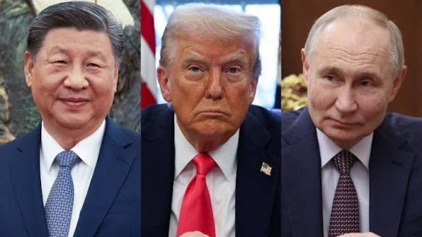 Three side-by-side formal portraits of world leaders: Xi Jinping in a dark suit with blue tie against a blue background, Donald Trump in a dark suit with red tie against a white background, Vladimir Putin in a dark suit with blue tie against a gray background.
