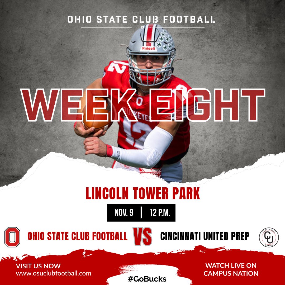 ClubFootballOSU's tweet photo. Final week of the regular season is here. Finish strong! 

🆚 - @CincyUnited513 
🗓️ - Sunday, Nov. 9
⏰ - Noon EST
🏟️ - Lincoln Tower Park
📺 - Campus Nation
🎟️ - Free admission

#GoBucks https://t.co/o7wdrZUHP3
