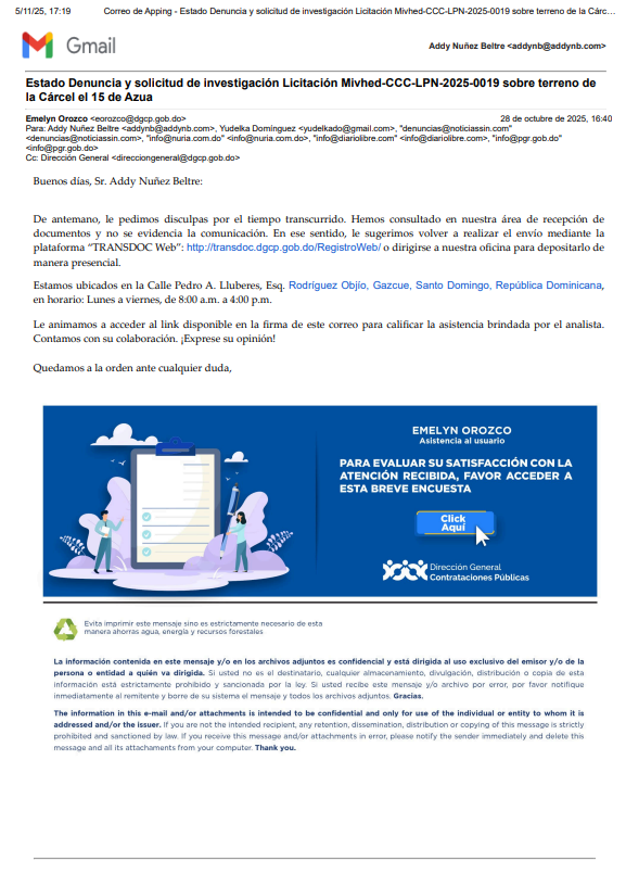 addynb's tweet photo. @PimentelFCarlos se ha desaparecido de @ComprasRD según email de la funcionaria Emelyn Orozco una solicitud de investigación y denuncia sobre la licitación MIVHED-CCC-LPN-2025-0019 - Construcción de Centros Penitenciarios en Distintas Provincias del País y del registro físico del 4 noviembre 2025 hasta el momento en la verificación solo aparecen 3 páginas y no 35 páginas que consta el expediente, de todas formas, se formula solicitud de Medidas Cautelares de Suspensión de la Licitación MIVHED-CCC-LPN-2025-0019 @luisabinader @ProcuraduriaRD @panorama_do @ListinDiario @DiarioLibre @nuriapiera @AliciaOrtegah @RDSomosPueblo @estonoesradioTW @elantinoti #DenunciaCiudadana