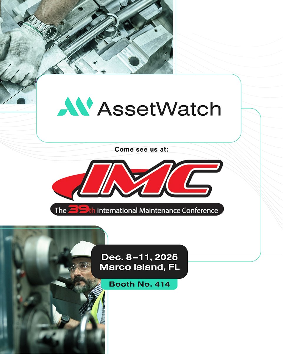 GoAssetWatch's tweet image. From #AI-powered insights to all-in-one #conditionmonitoring, AssetWatch delivers #reliability without the guesswork. Join us at #IMC2025 in Marco Island (Dec 8–11) to see how we help manufacturers eliminate unplanned downtime. bit.ly/4pFqg2O