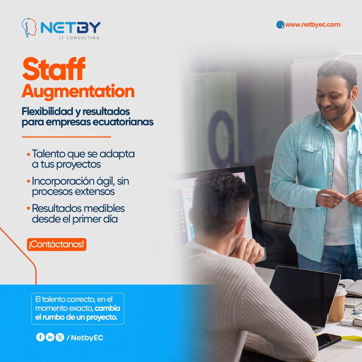 Netbyec's tweet image. 👉 En NETBY, conectamos empresas con profesionales listos para aportar desde el
primer día, bajo un modelo ágil, escalable y 100% ecuatoriano.

🔗 Contáctanos: netbyec.com/contactanos/

#NetbyEC #StaffAugmentation #TalentoTI #TransformaciónDigital
#FlexibilidadEmpresarial