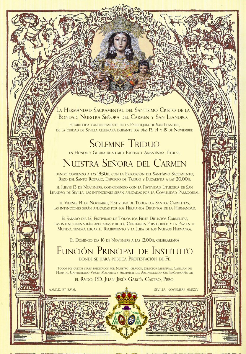 Carmen_SLeandro's tweet image. ORLA DE CULTOS |

Nuestra Hermandad celebrará durante los días 13, 14 y 15 de noviembre el Solemne Triduo en Honor y Gloria de su muy Excelsa y Amantísima Titular, Nuestra Señora del Carmen.

El domingo 16 celebraremos Función Principal de Instituto.

#CarmenSanLeandro25