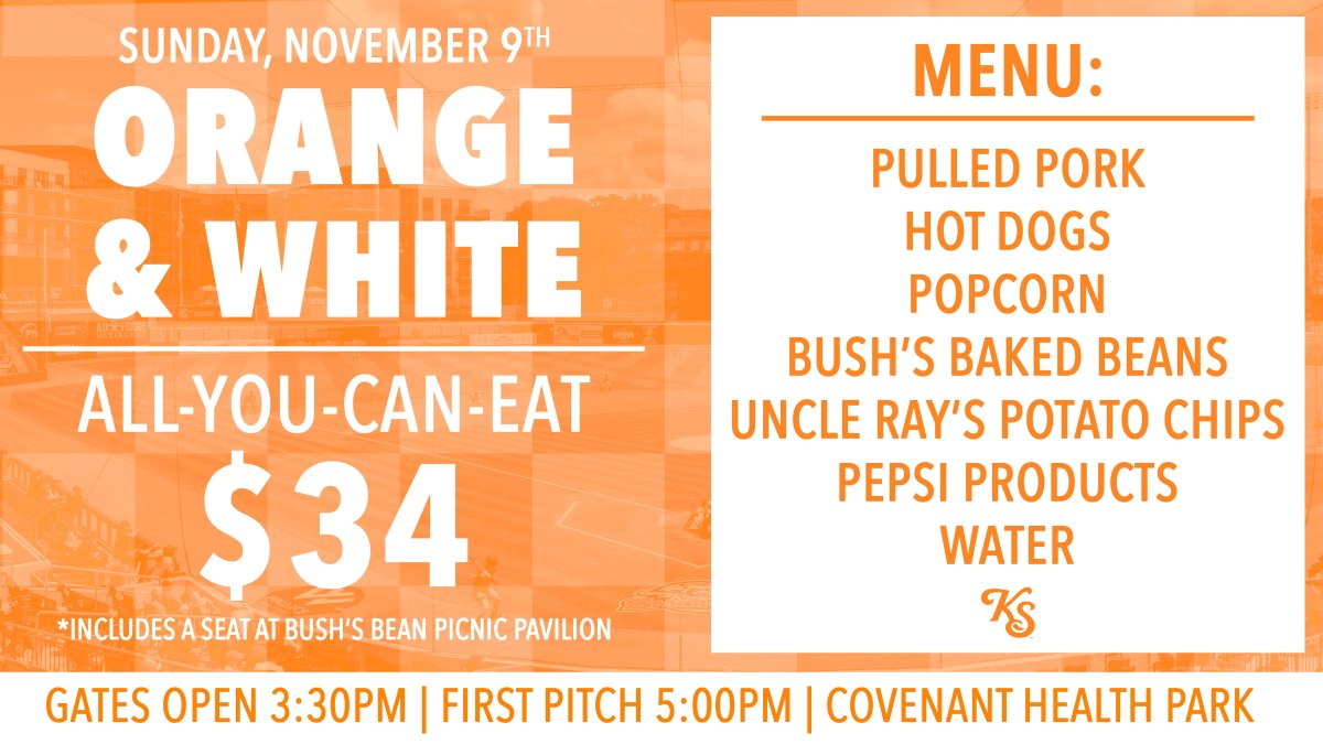 We know it’s Wednesday — but who says AYCE can’t crash the weekend? Join us this Sunday when the Vols hit the field at Covenant Health Park!