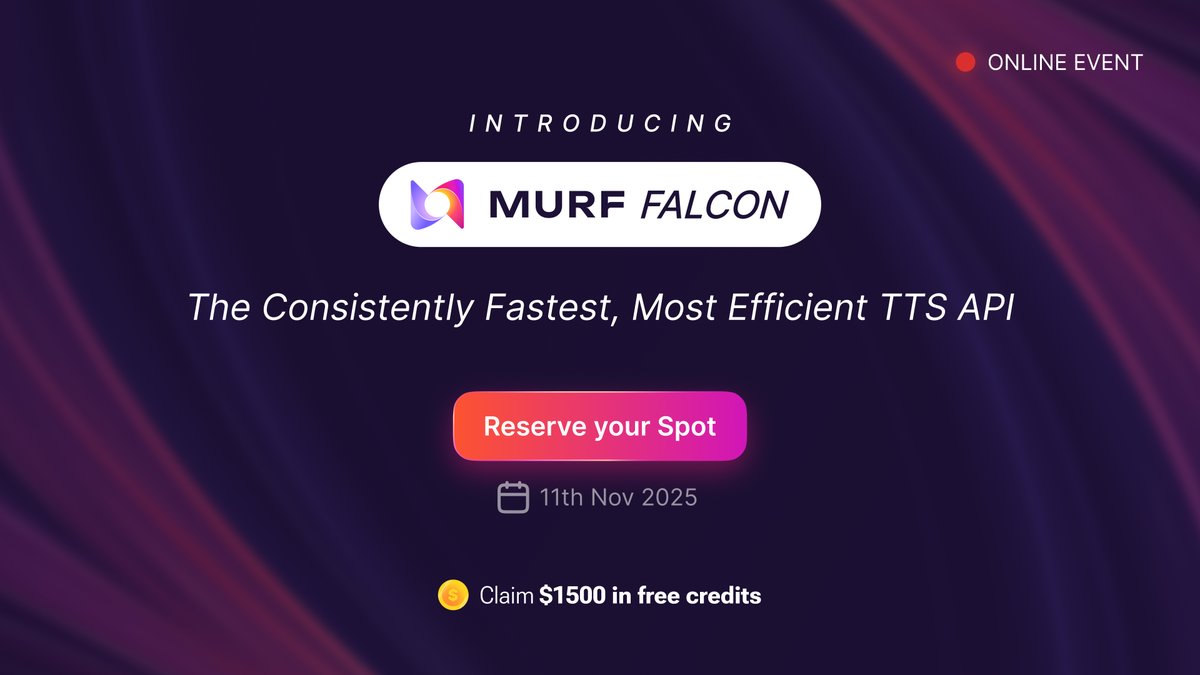 MurfAIStudio's tweet image. Introducing Murf Falcon, the consistently fastest and most efficient text-to-speech API for building voice agents.

Attend the launch event and get $1500 in free credits to try Falcon for yourself. 🚀

👉linkedin.com/events/launchi…

#MurfAPI #MurfFalcon #VoiceAI #Launch #AIAgents