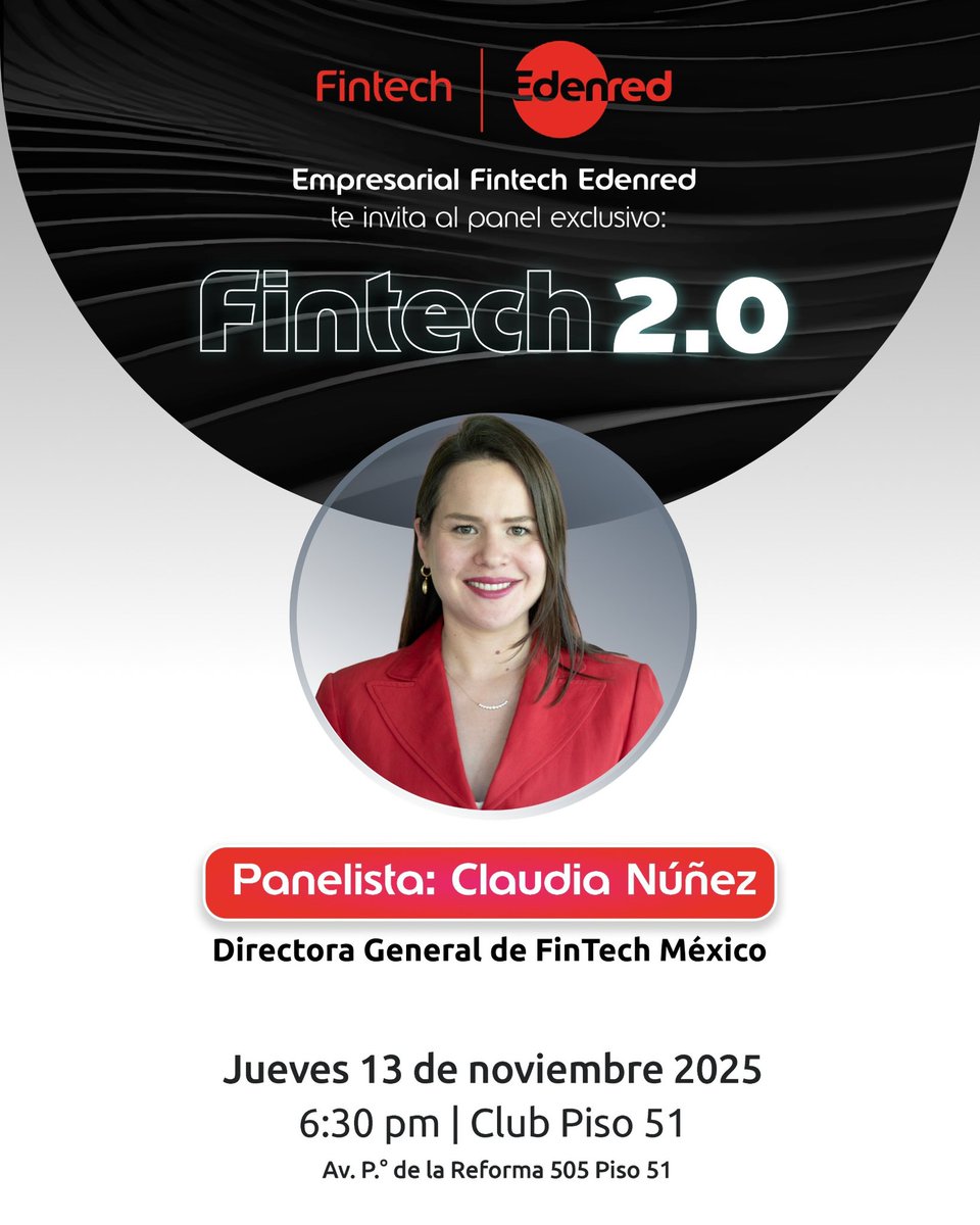 🚀 Este 13 de noviembre a las 6:30 p.m., acompáñanos al panel Fintech 2.0: Catalizador de la innovación y la inclusión financiera en México, un espacio organizado por Edenred que reunirá a líderes del ecosistema para analizar el impacto de la legislación en el sector empresarial