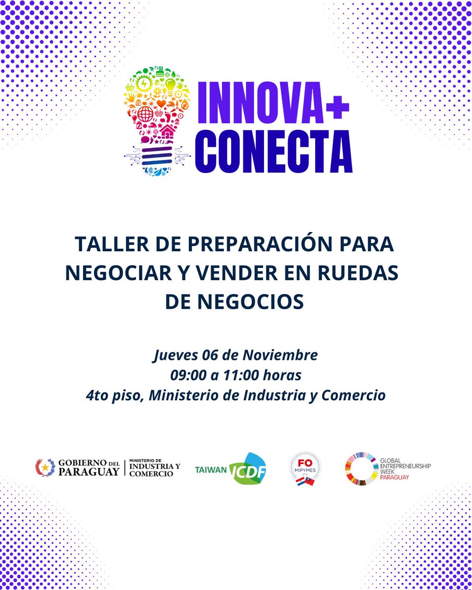 Taller de preparación para negociar y vender en #InnovaConecta
¡Aprendé a presentarte, negociar y dar seguimiento en ruedas de negocios!
🗓️ Jue. 6 de nov. | ⏰ 09:00 a 11:00
📍 MIC – 4to piso / 💻 Modalidad virtual
📌 Actividad gratuita
🔗 Inscribite: forms.gle/SzbvSJFa6eTXjF…
