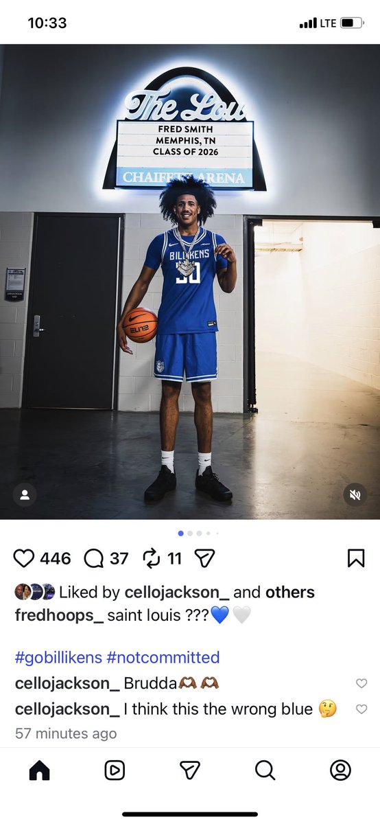 Memphis target Fred Smith Jr. (via Instagram) letting us know he’s on his official visit to Saint Louis.

And Tigers commit Cello Jackson letting Fred know how he feels about it.