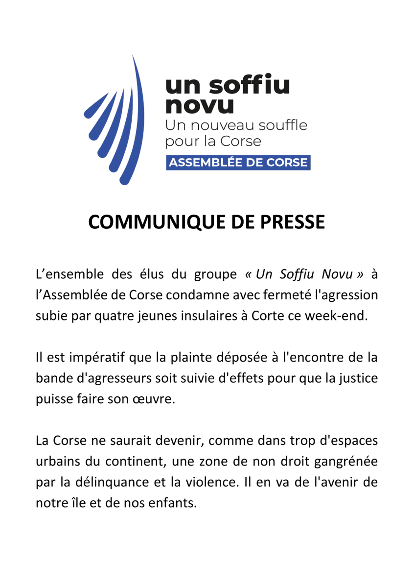Communiqué du groupe "Un Soffiu Novu" en réaction à l'agression de 4 jeunes insulaires à Corté  le 31 octobre 2025.