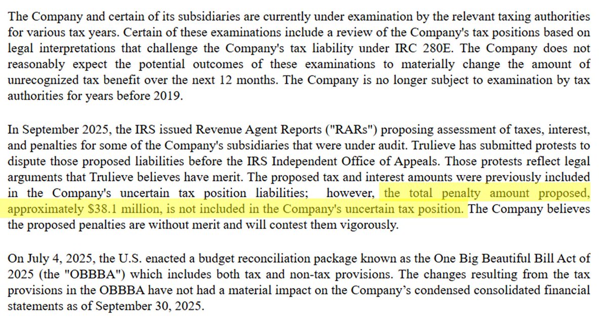 Another impressive $TCNNF qtr, but 10Q discloses the IRS continues to fight unpaid 280E, with $38.1m in penalties proposed in Sep25. 

UTPs are in the billions on similar claims across canna industry, so add'l penalties could meaningfully raise liabilities until/if S3 finalizes.
