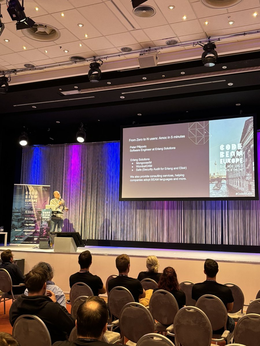 ErlangSolutions's tweet image. Kicking off the lightning talks at Code BEAM Europe is our very own Petar Pilipovic with his talk ‘From Zero to N users: Amoc in 5 minutes’ ⚡️

@CodeBEAMio