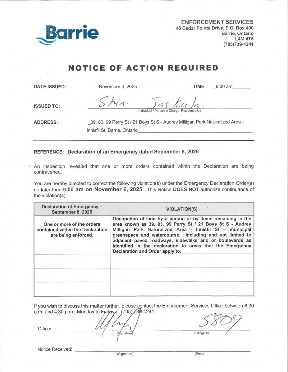 Jeff_Schlemmer_'s tweet image. Illegal eviction "Notice". 
The Ontario Emergency Management &amp;amp; Civil Protection Act is subordinate to the Canadian Charter of Rights, under which the caselaw requires that the city not evict unless first offered truly accessible accommodation. Not offered here. @AlexFromBarrie…