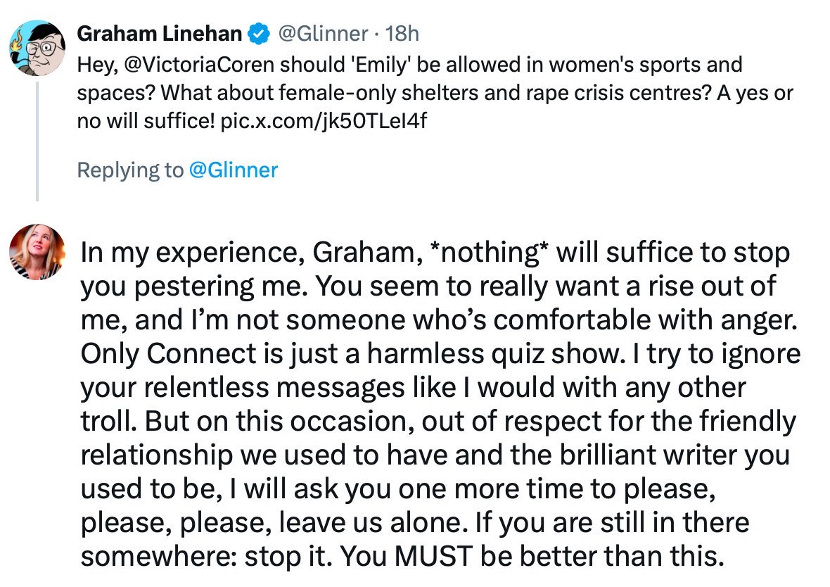 Graham Linehan - who according to UK media is a victim regardless of what he does to women who are trans - turns on a woman who is c!s.